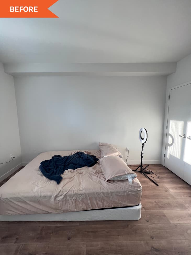Before: an empty white room with a pink bed and ring light