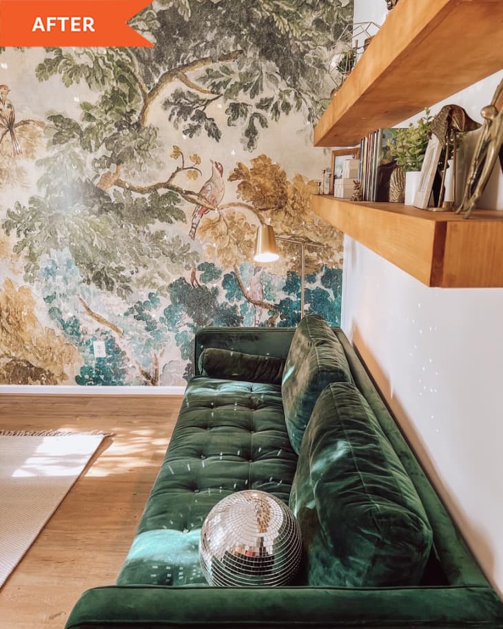 After: a velvet green sofa and wallpaper