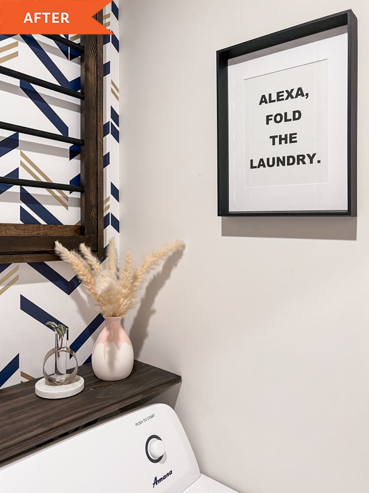 After: a framed photo that reads "Alexa, fold the laundry"