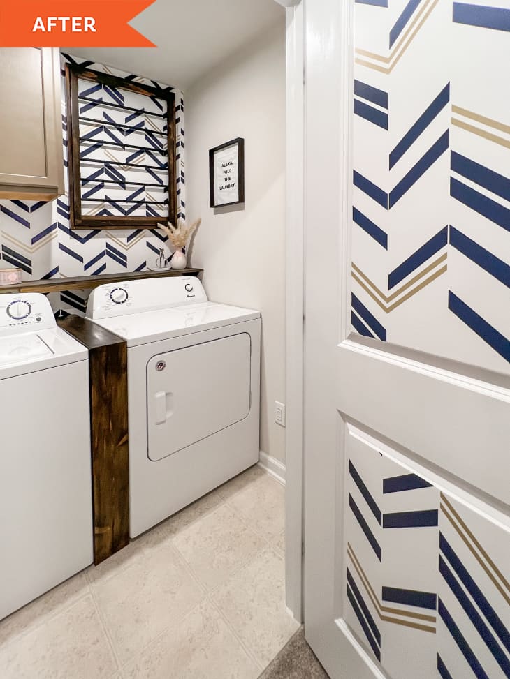 After: geometric tiled walls in a laundry room