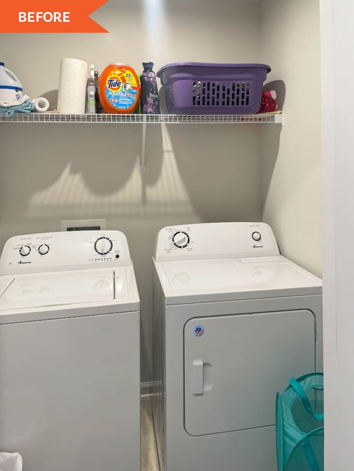 Before: a white laundry room with a wire shelf