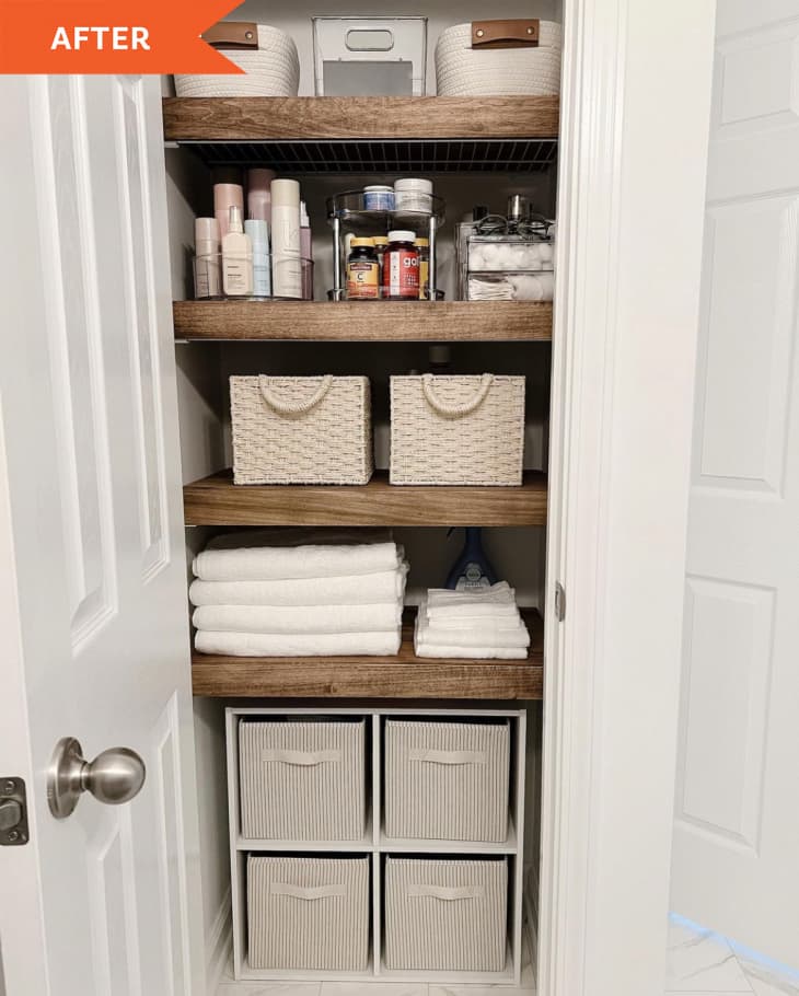 After: an organized closet with containers