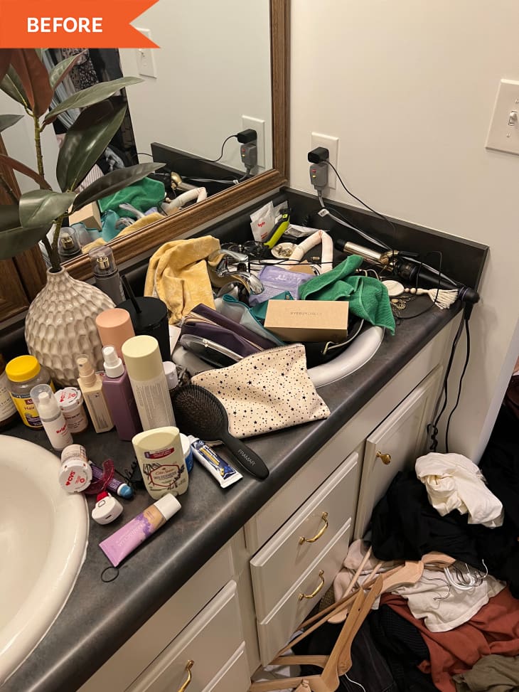 Before: a sink covered with beauty products