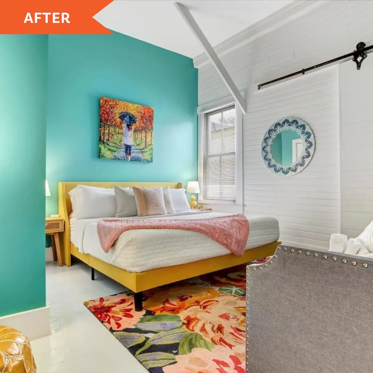 After: Colorful bedroom with sliding barn door