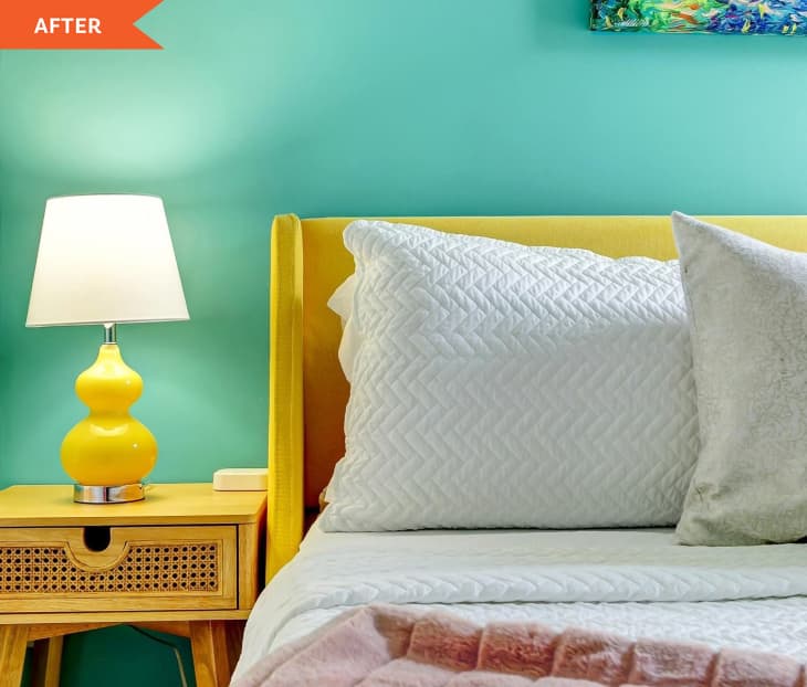 After: Bedroom with aqua walls and yellow bed