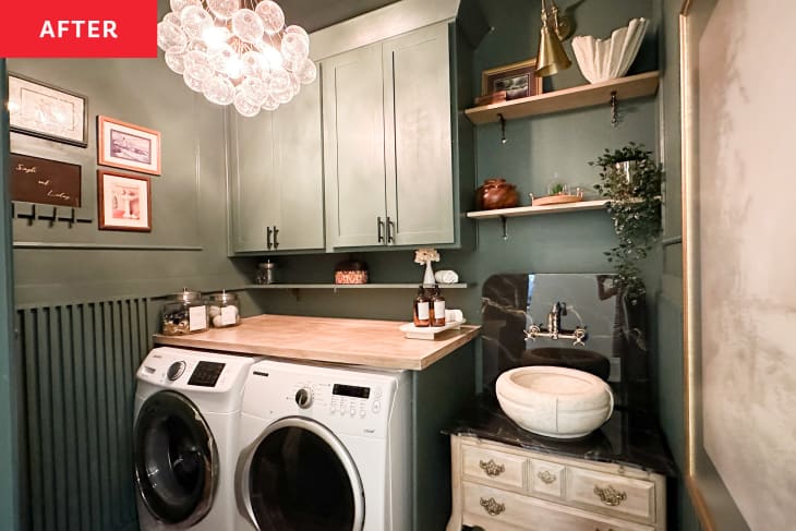 After: a laundry room with green walls and a large white sink