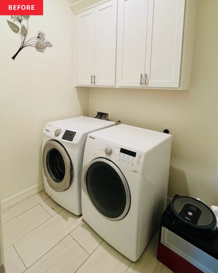 Before: a white laundry room with white cabinets