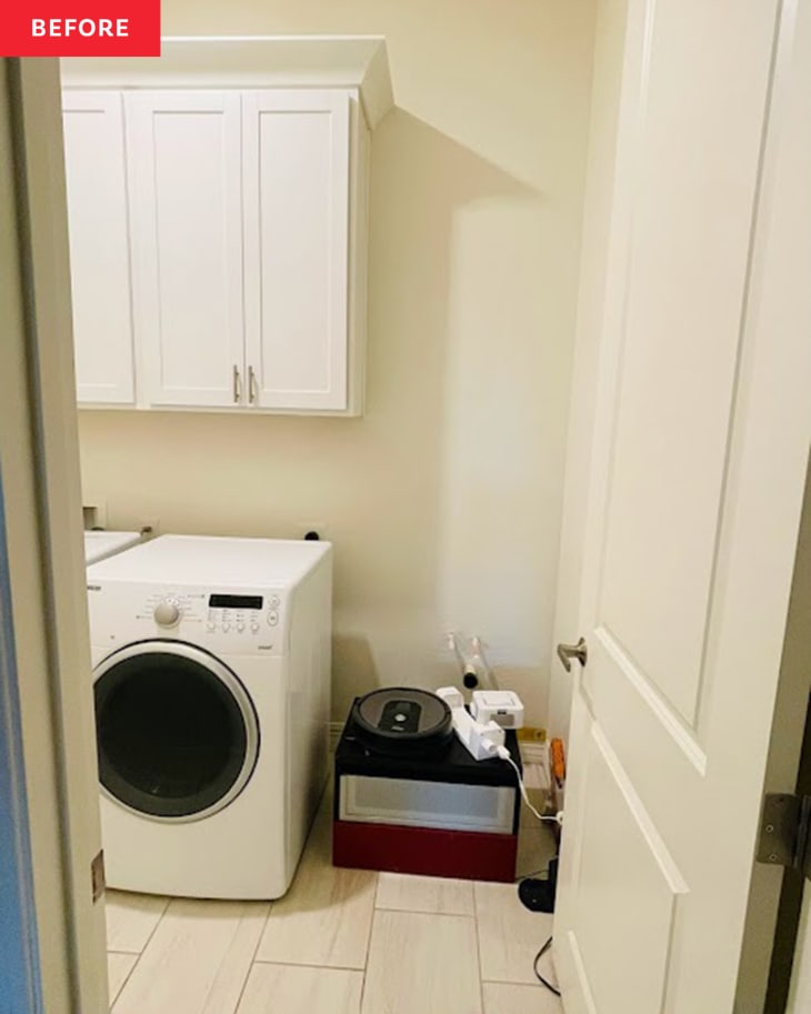 Before: the entryway of a white laundry room