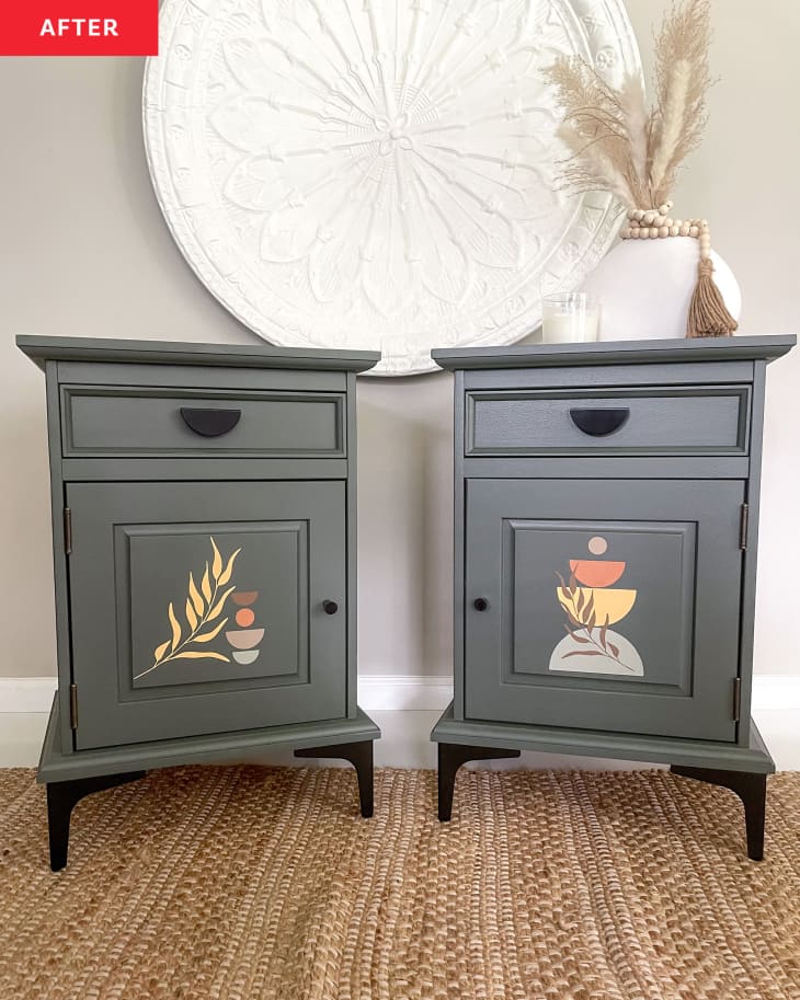 After: two blue nightstands with yellow, red, and blue designs stenciled onto the front cabinet