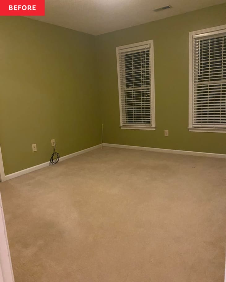 Before: an empty room with green walls and carpet