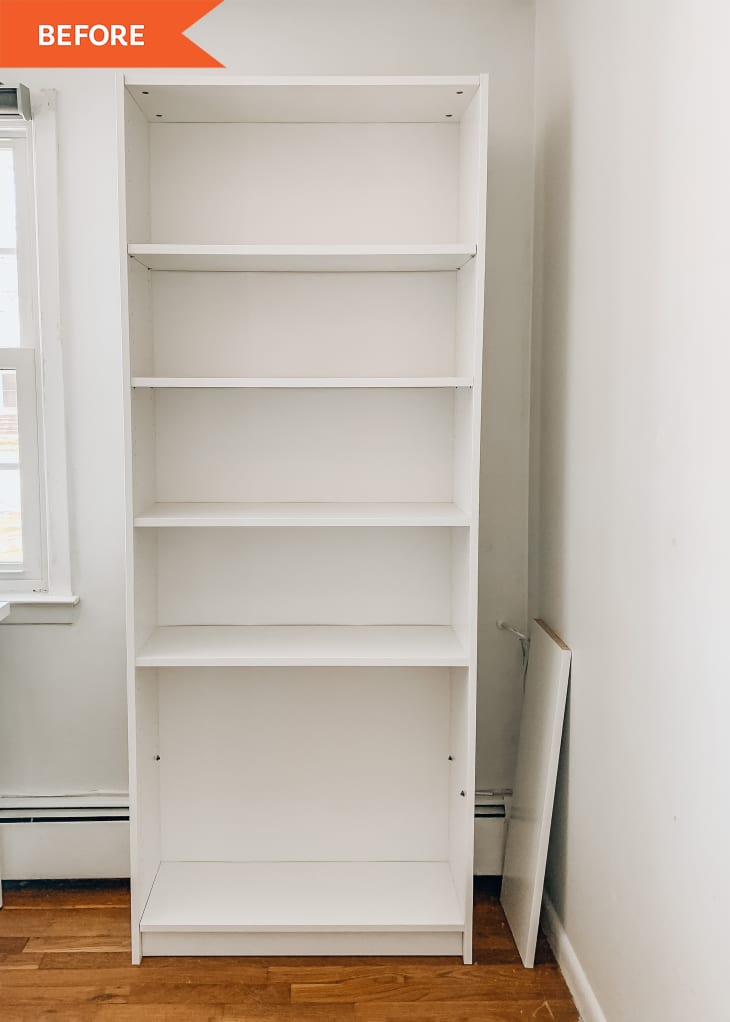 Before: an empty white bookshelf
