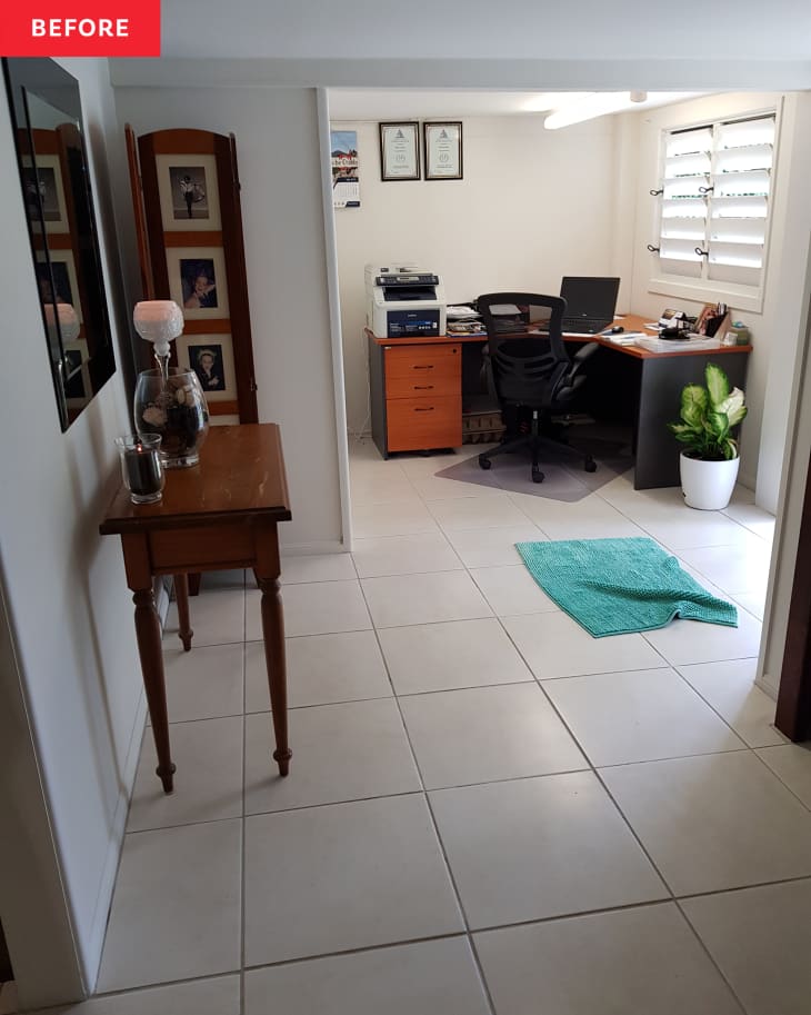 Before: tiled floor with a brown table and desk