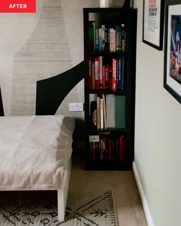 After: a tall bookshelf at the foot of a bed