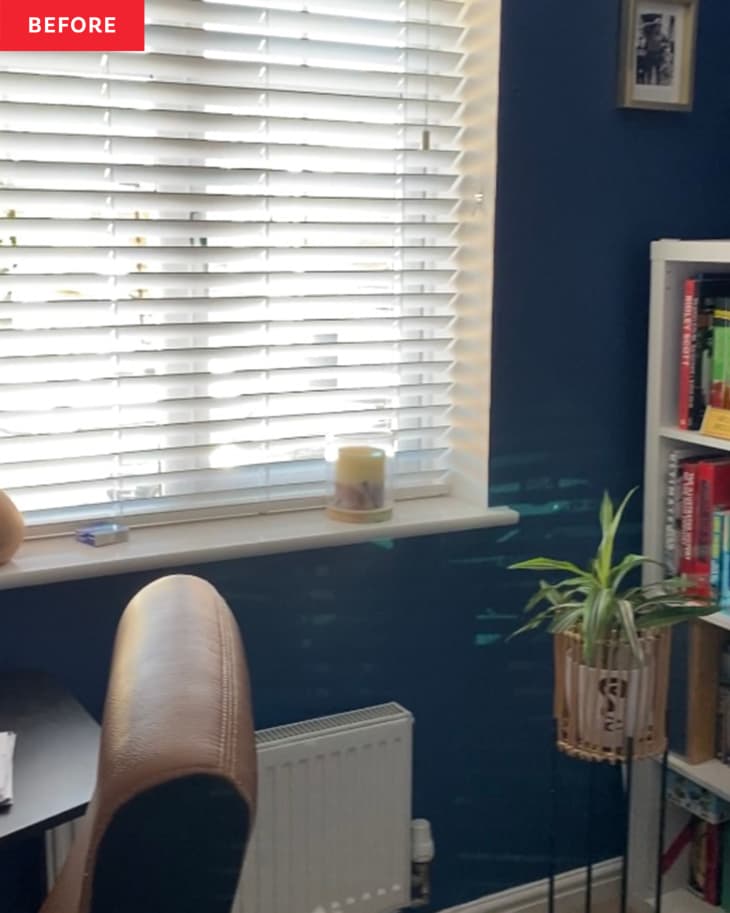 Before: a blue room with a brown leather desk chair by a window