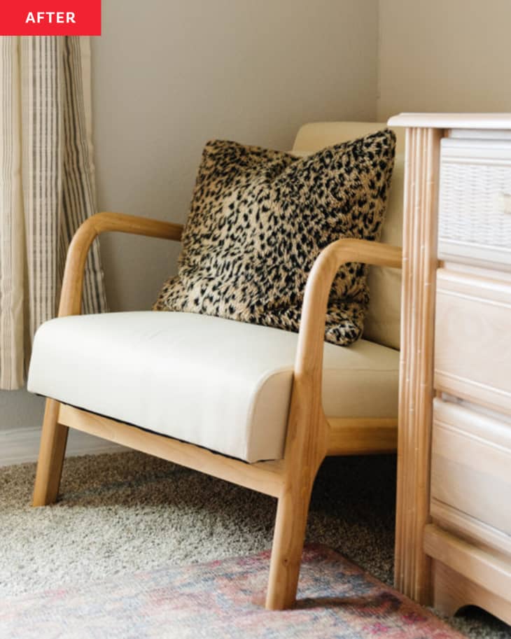 After: a tan chair with a leopard print pillow