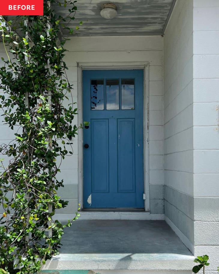 Before: a blue front door on a white house with vines growing on a pillar