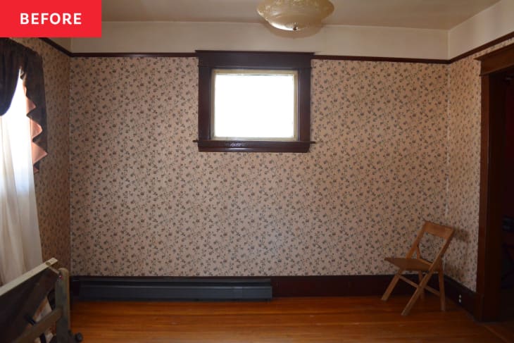 Before: an empty room with white floral wallpaper and one wooden folding chair