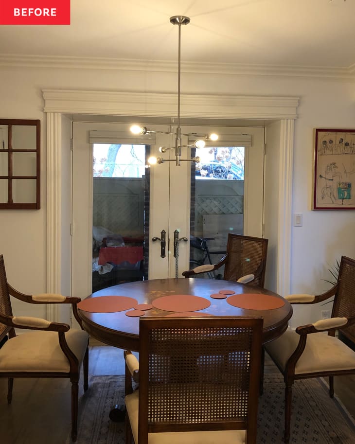 Before: a round dining table next to a glass door