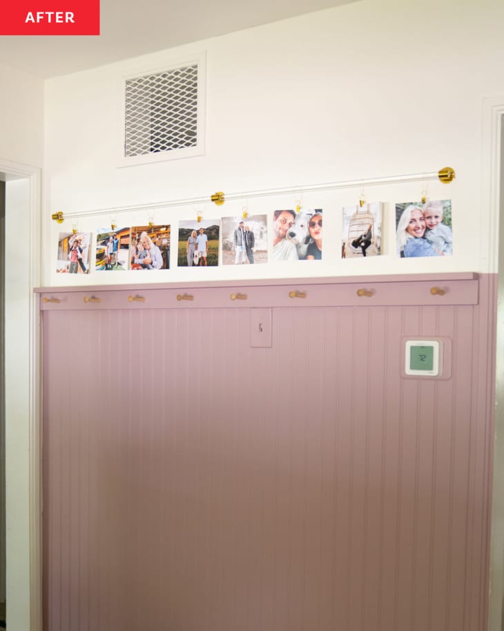 After: Acrylic rod with photos hanging from it above beadboard