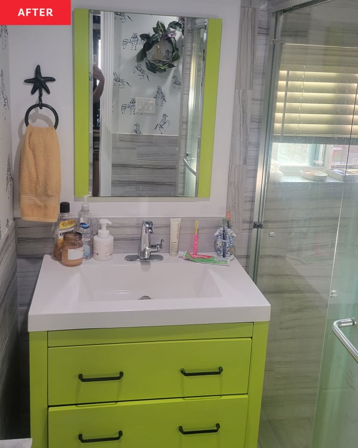 After: lime green bathroom drawers below the sink