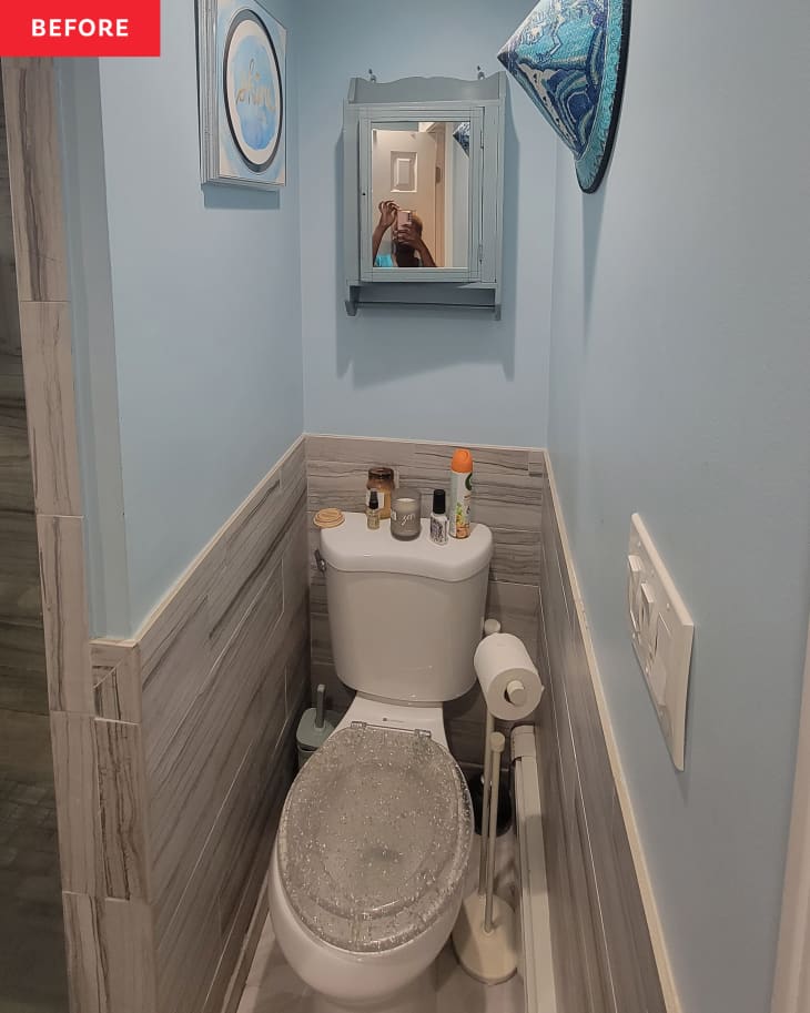 Before: a blue bathroom with a toilet with a plastic seat