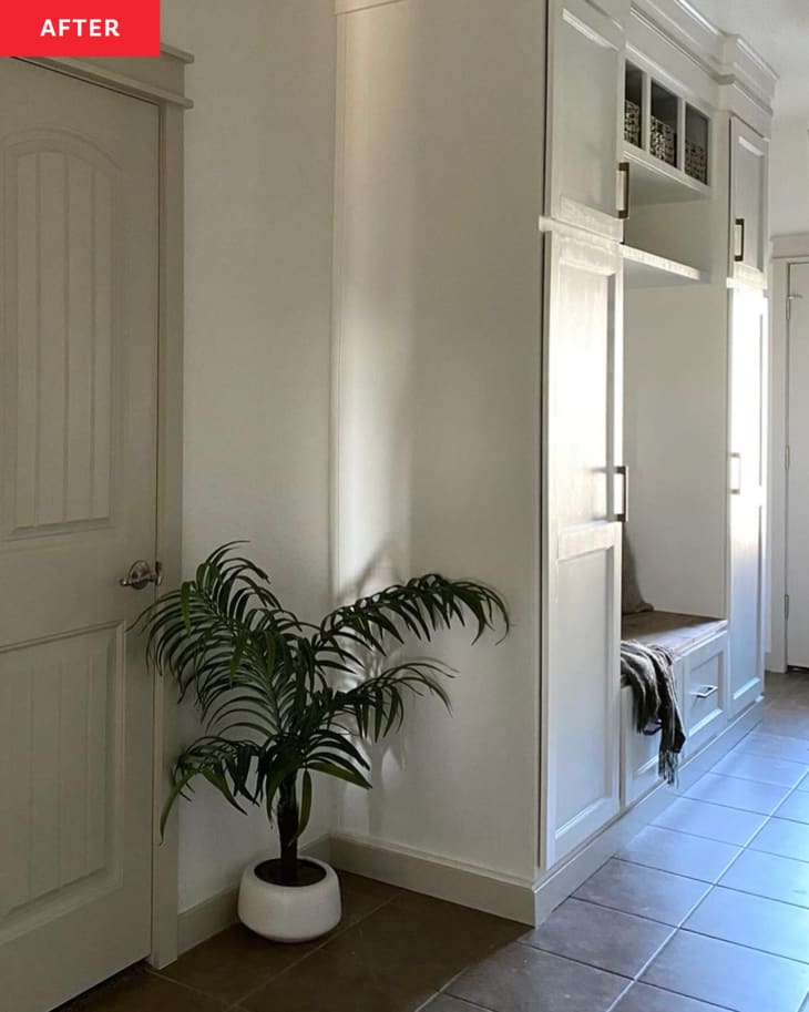 After: a hallway with a built-in bench and closet space