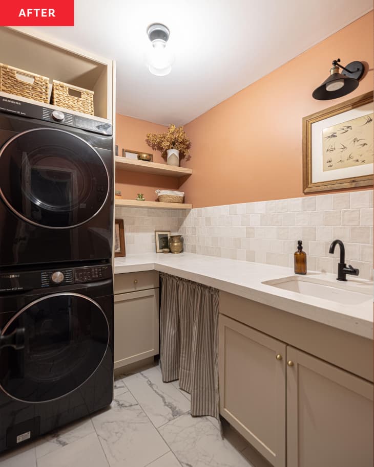 After: Laundry room with stacked washer and dryer in corner, sink, cabinetry, and white tile backsplash