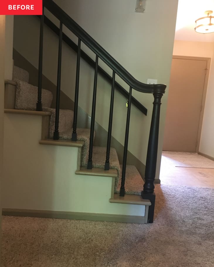 Before: the side view of stairs with carpeting
