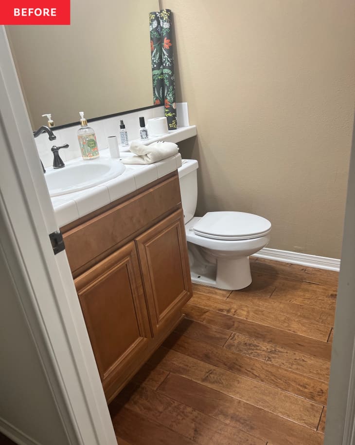 Before: a brown and tan bathroom