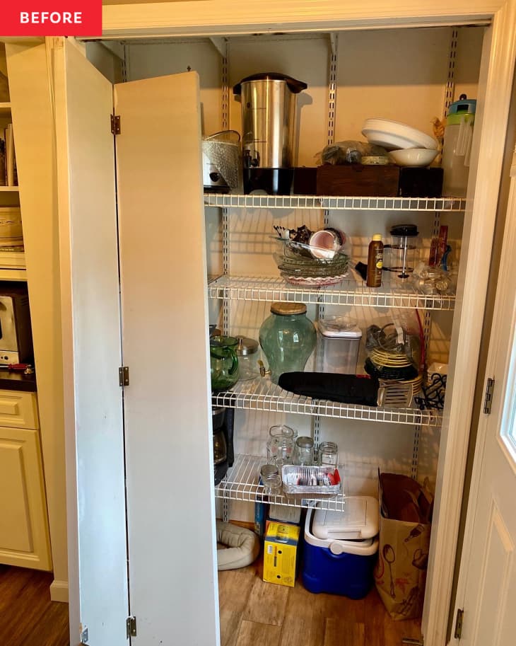Before: a pantry with four white wire shelves