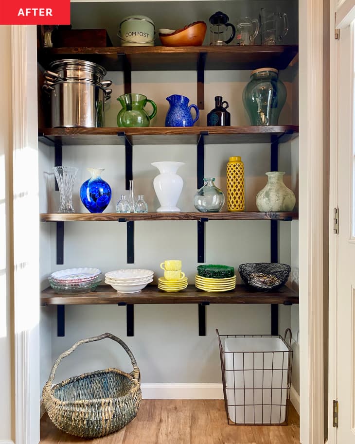 After: a pantry of wooden shelves holding vases and plates