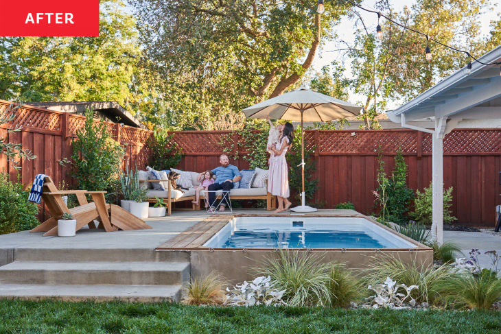 After: family around a small plunge pool in a grassy backyard