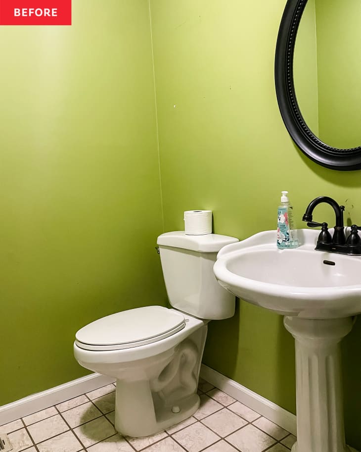 Before: a green bathroom with a white toilet and sink