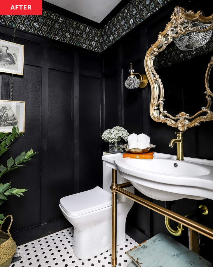 After: a black bathroom with gold mirrors and sink