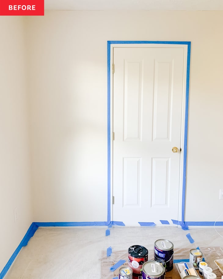 Before: a white room with painters tape along the edges of the door