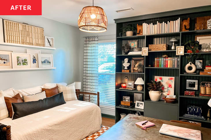 After: a room with a white daybed and a green built-in bookcase