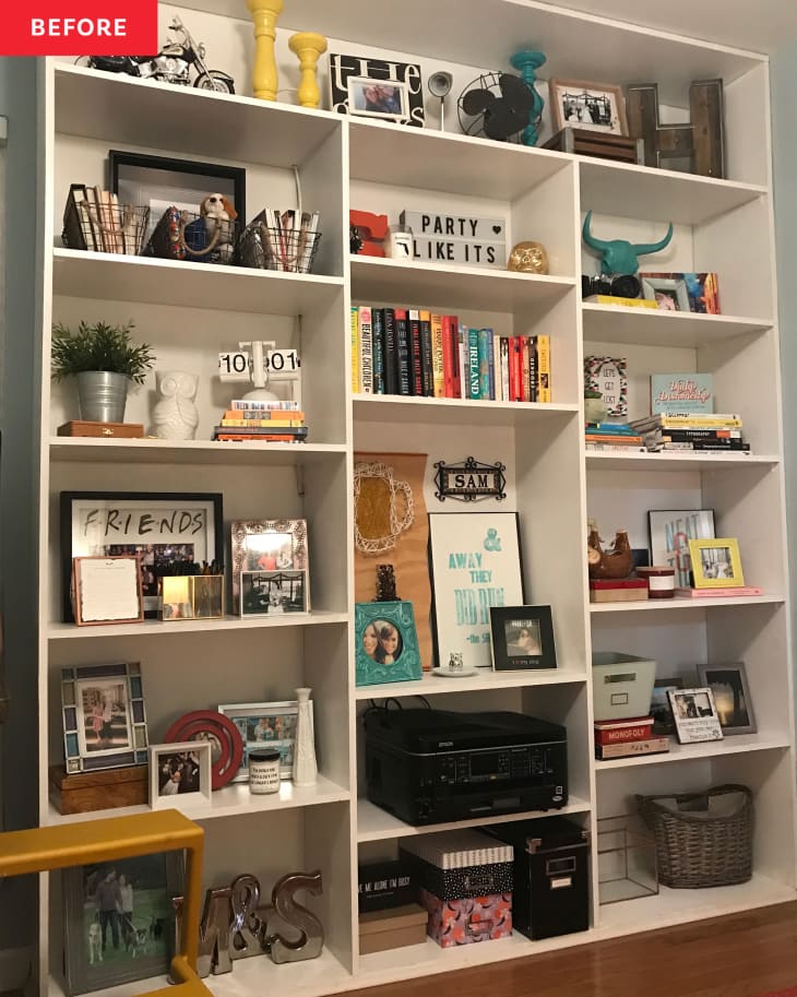 Before: a white floor to ceiling built-in bookcase