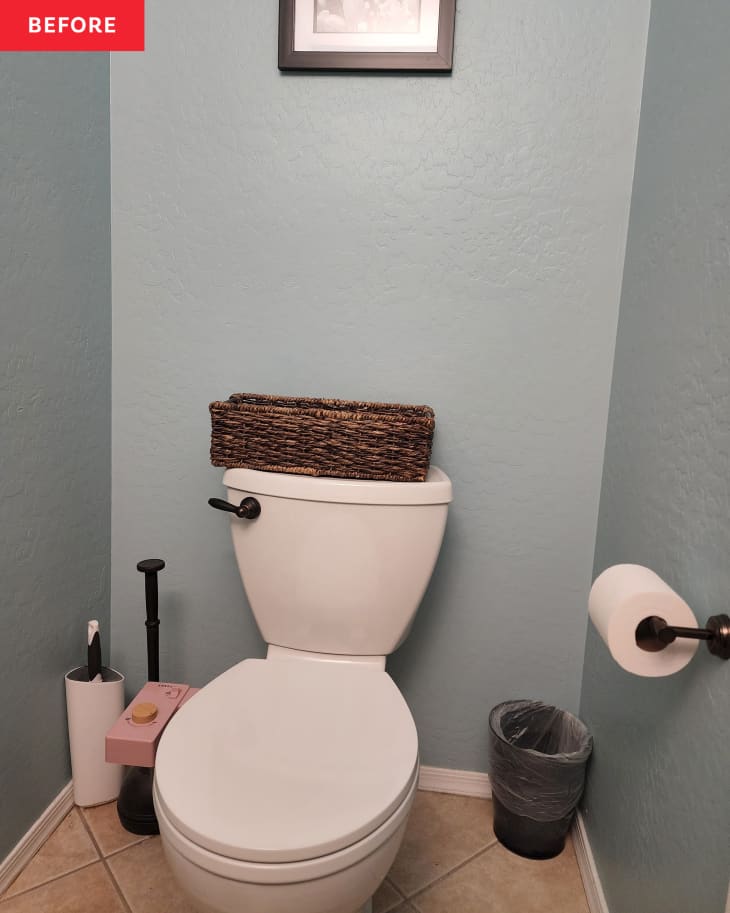 Before: a toilet surrounded by light blue walls