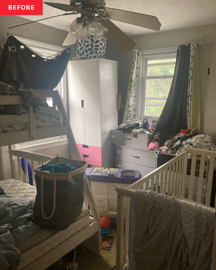 Before: Overwhelming kid's room with bunk beds and a crib
