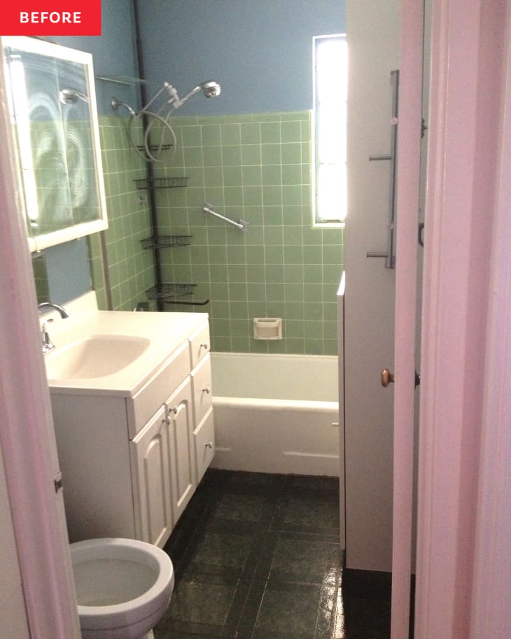 Before: a bathroom with green tile, pink door, and white cabinets