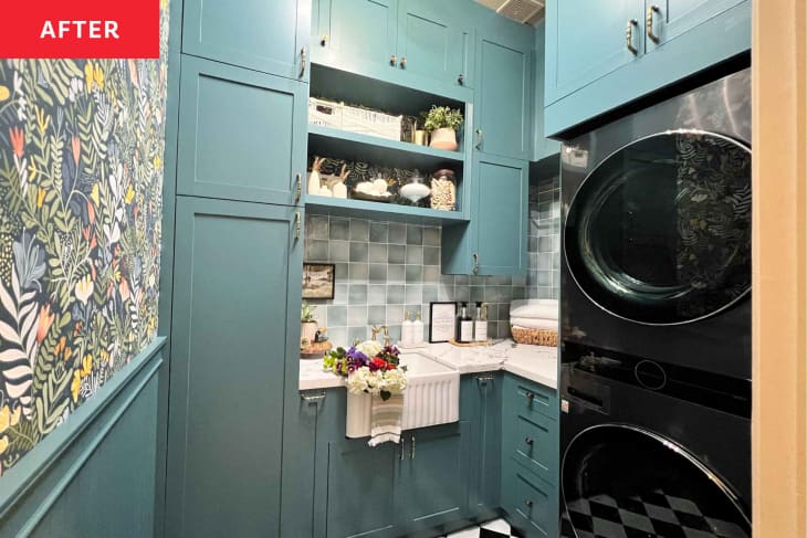 After: blue-green cabinets surrounding a sink and a stacked washer and dryer