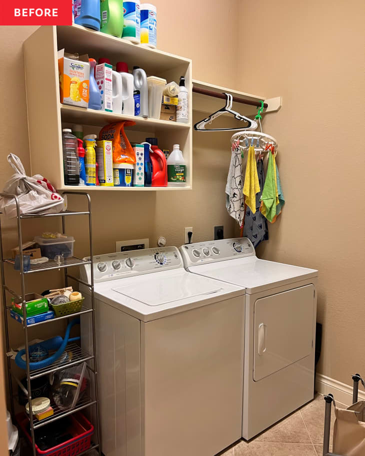Before: a beige laundry room with white washer and dryer
