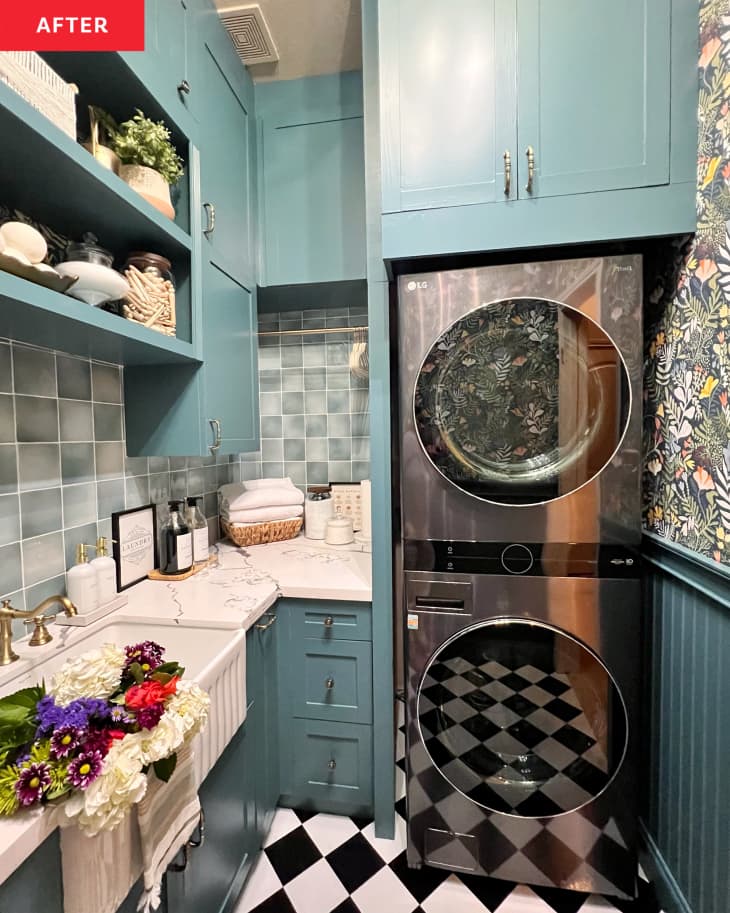 After: a stacked silver washer and dryer surrounded by blue-green cabinets