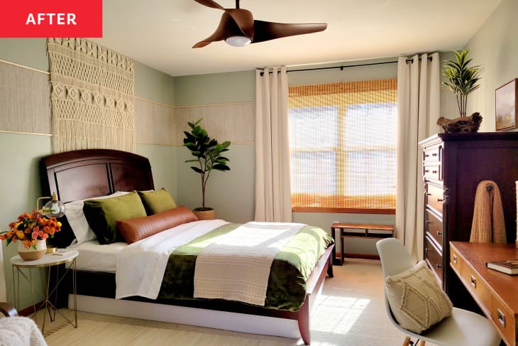 After: a green bedroom with a large bed with green blankets and wooden furniture