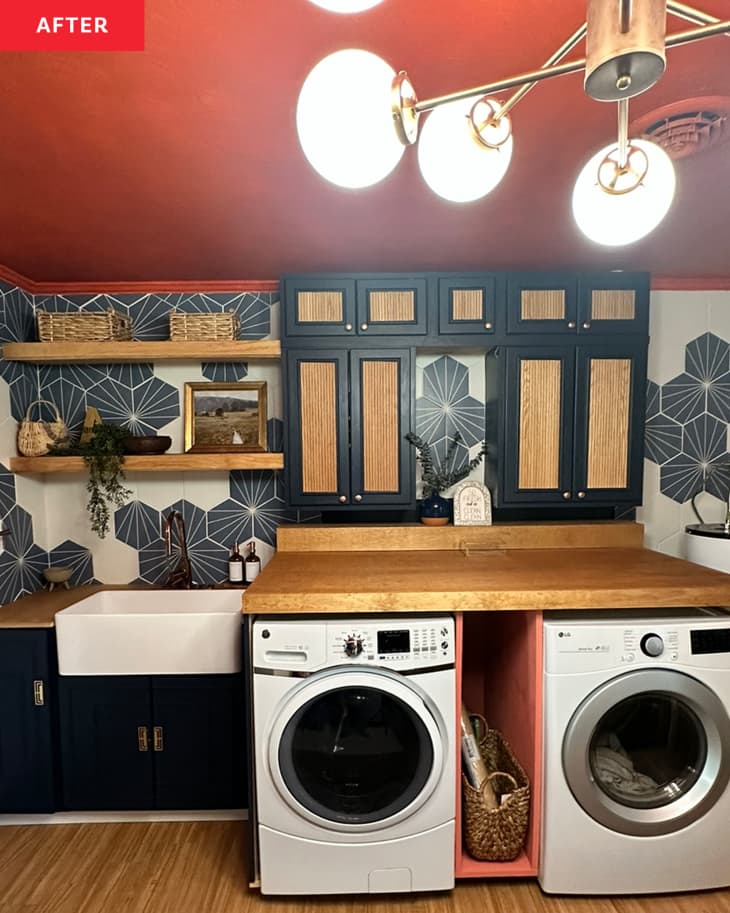After: Laundry room with orange ceiling