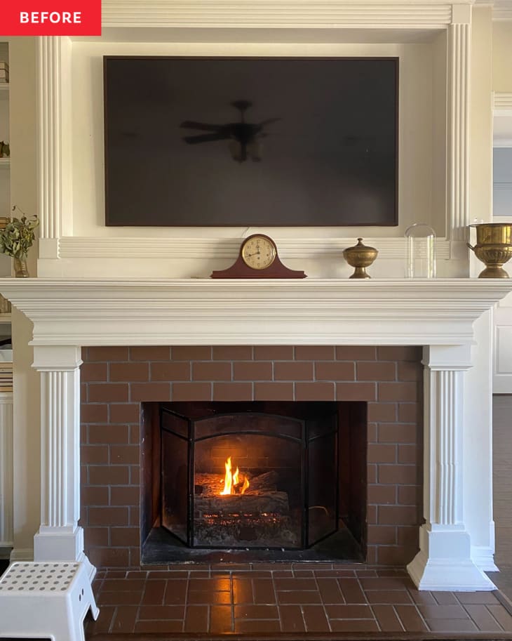 Before: a brick fireplace with a white mantle featuring an old clock