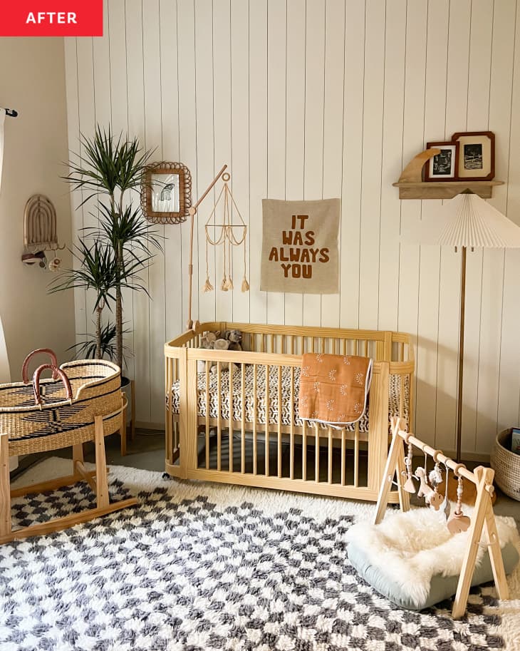 After: A nursery with a light light brown crib and checkered rug
