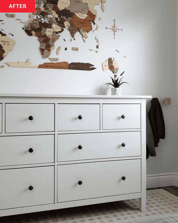 After: Dresser with wooden map wall art above it