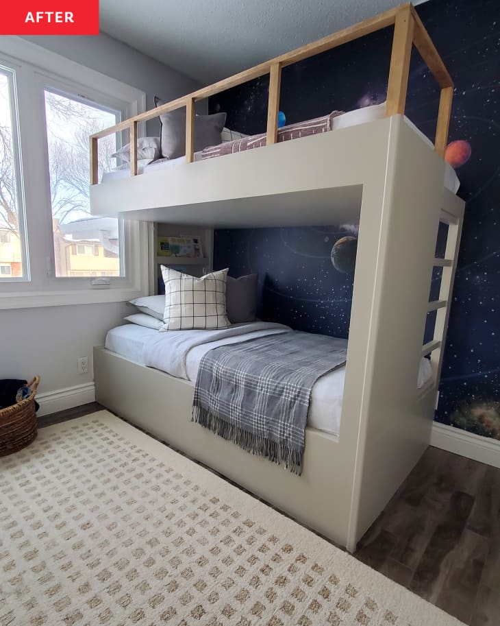 After: a tan bunkbed in front of a blue wall