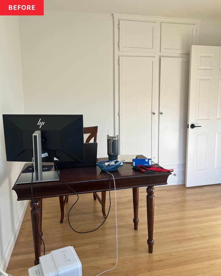 Before: a white room with a wooden desk